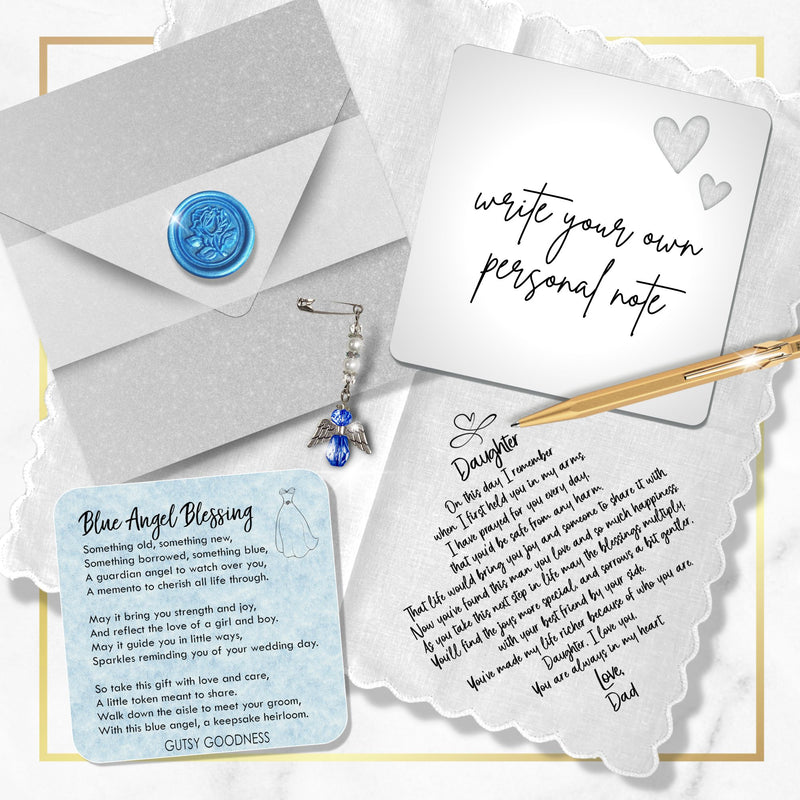 Wedding Gift Handkerchief for Daughter from Dad | Scalloped Poem Hanky + Something Blue Angel | Keepsake Card & Envelope for Bride from Father