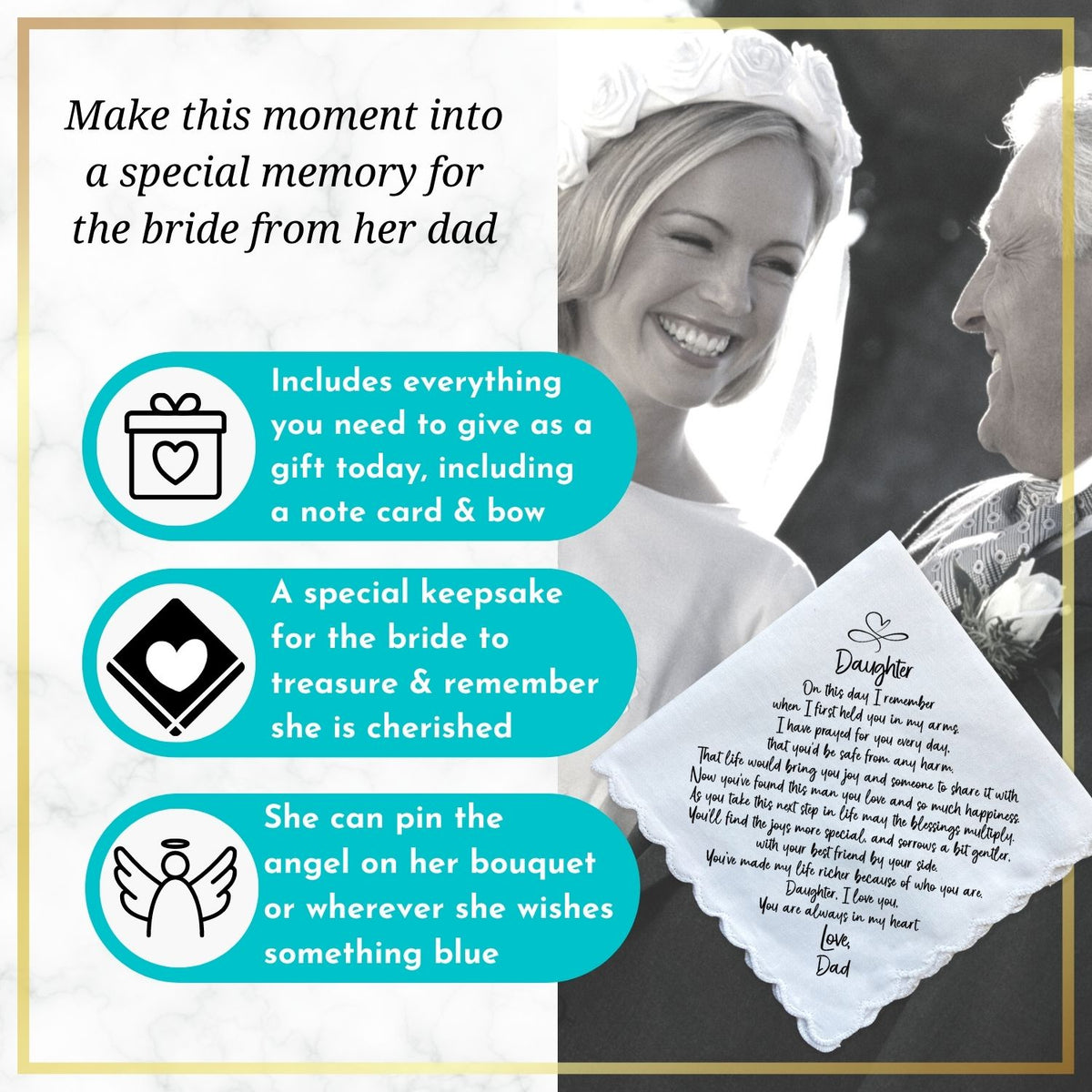 Wedding Gift Handkerchief for Daughter from Dad | Scalloped Poem Hanky + Something Blue Angel | Keepsake Card & Envelope for Bride from Father