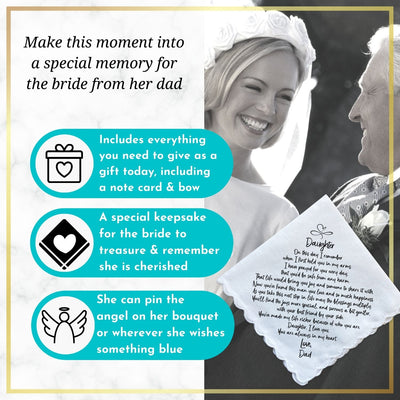 Wedding Gift Handkerchief for Daughter from Dad | Scalloped Poem Hanky + Something Blue Angel | Keepsake Card & Envelope for Bride from Father