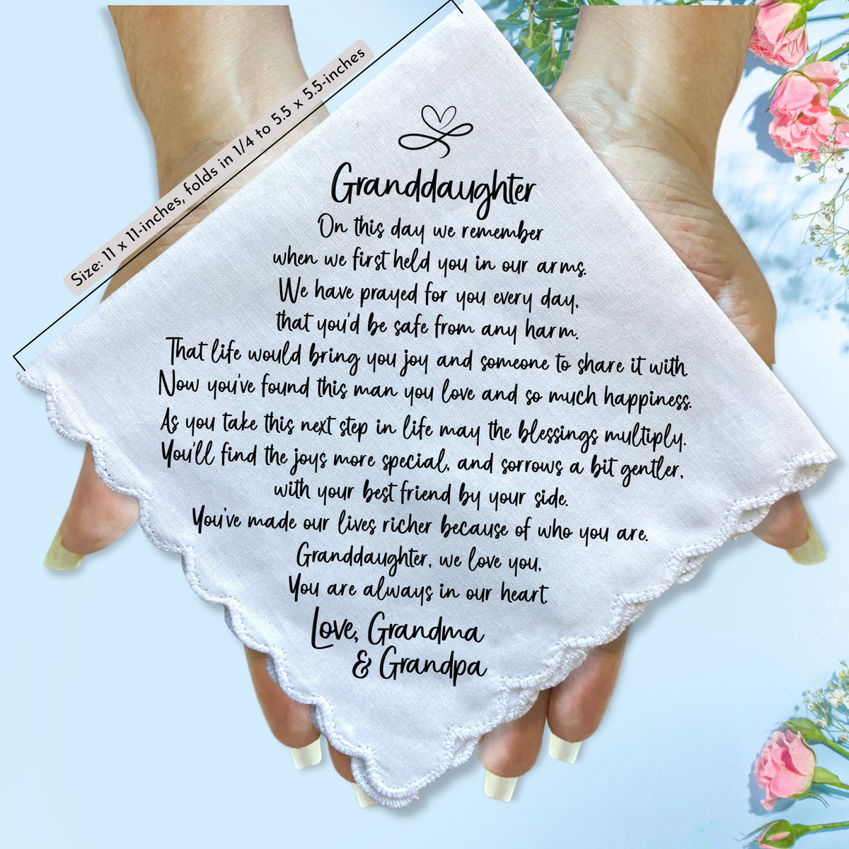 Wedding Gift for Granddaughter from Grandparents Handkerchief Poem | Scallop Hankie + Something Blue Angel for Bride |  Keepsake Envelope