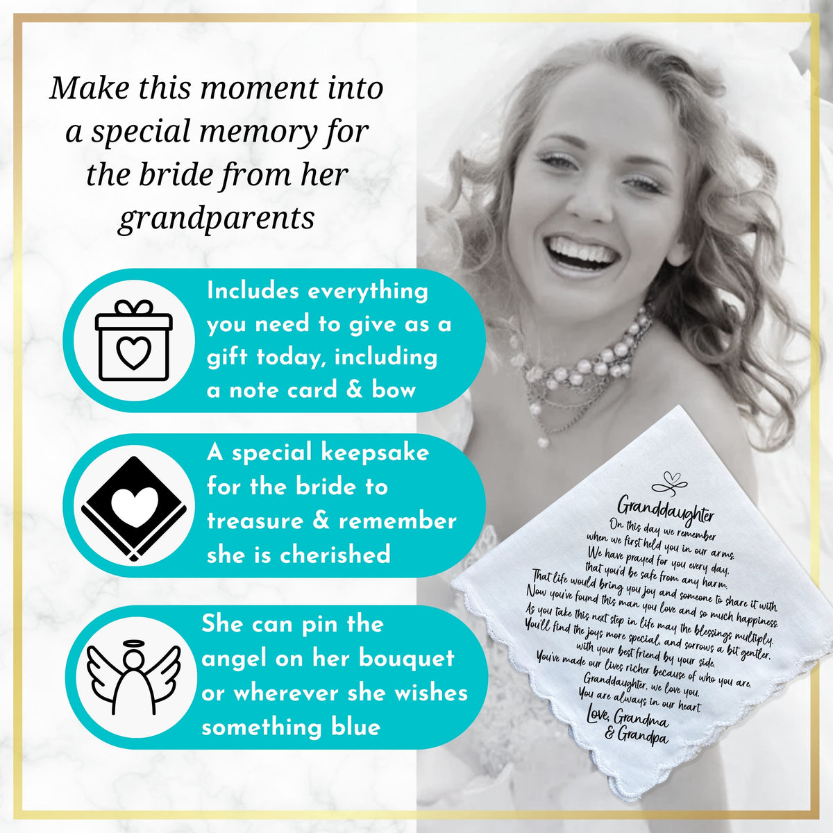 Wedding Gift for Granddaughter from Grandpa Handkerchief Poem | Scallop Hankie + Something Blue Angel for Bride |  Keepsake Card & Envelope