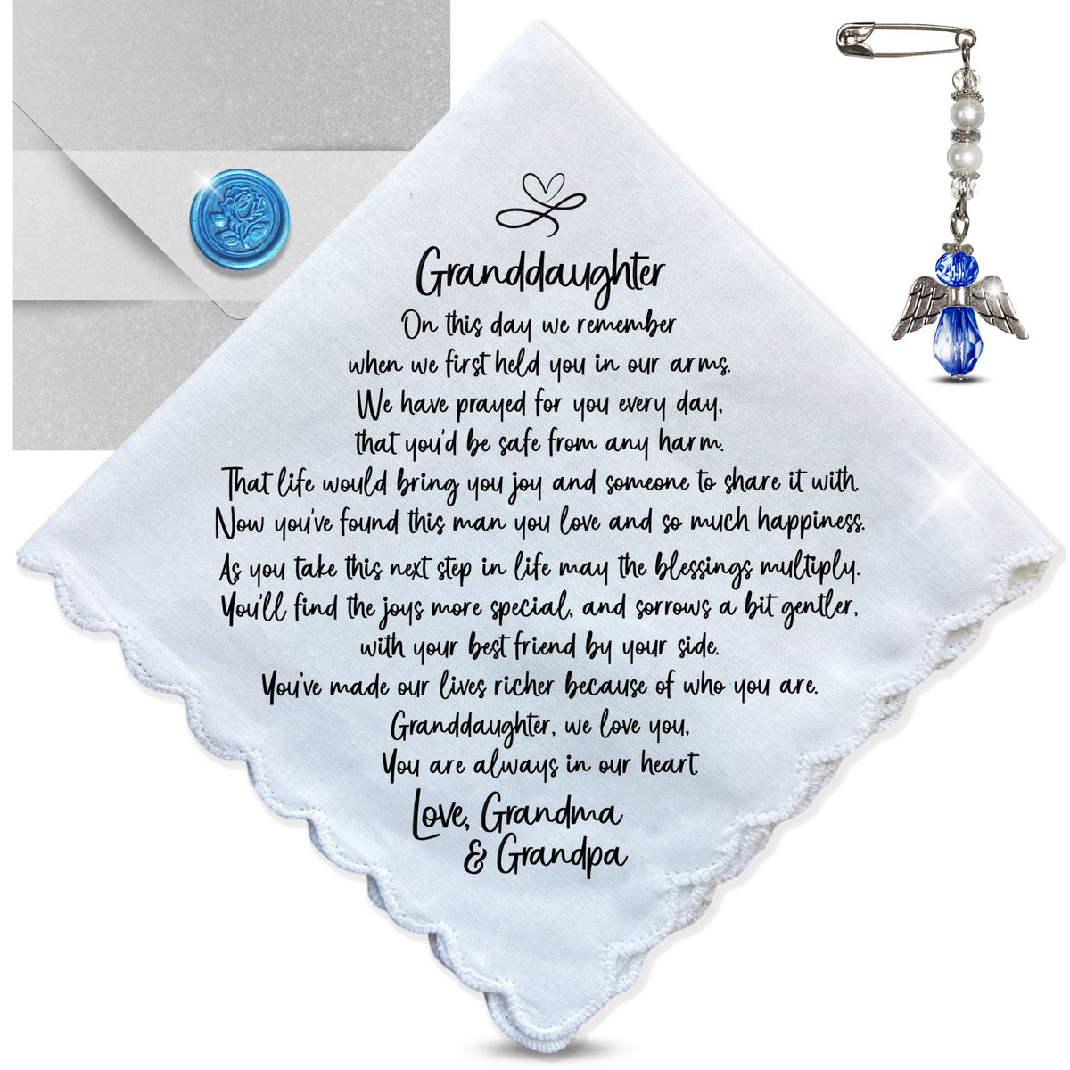 Granddaughter Wedding Gift from Grandparents | Handkerchief with Poem | Keepsake from Grandma & Grandpa | Handmade Something Blue Angel