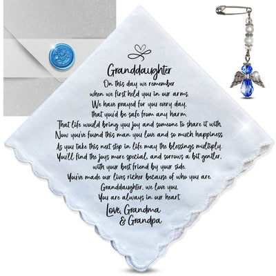 Granddaughter Wedding Gift from Grandparents | Handkerchief with Poem | Keepsake from Grandma & Grandpa | Handmade Something Blue Angel