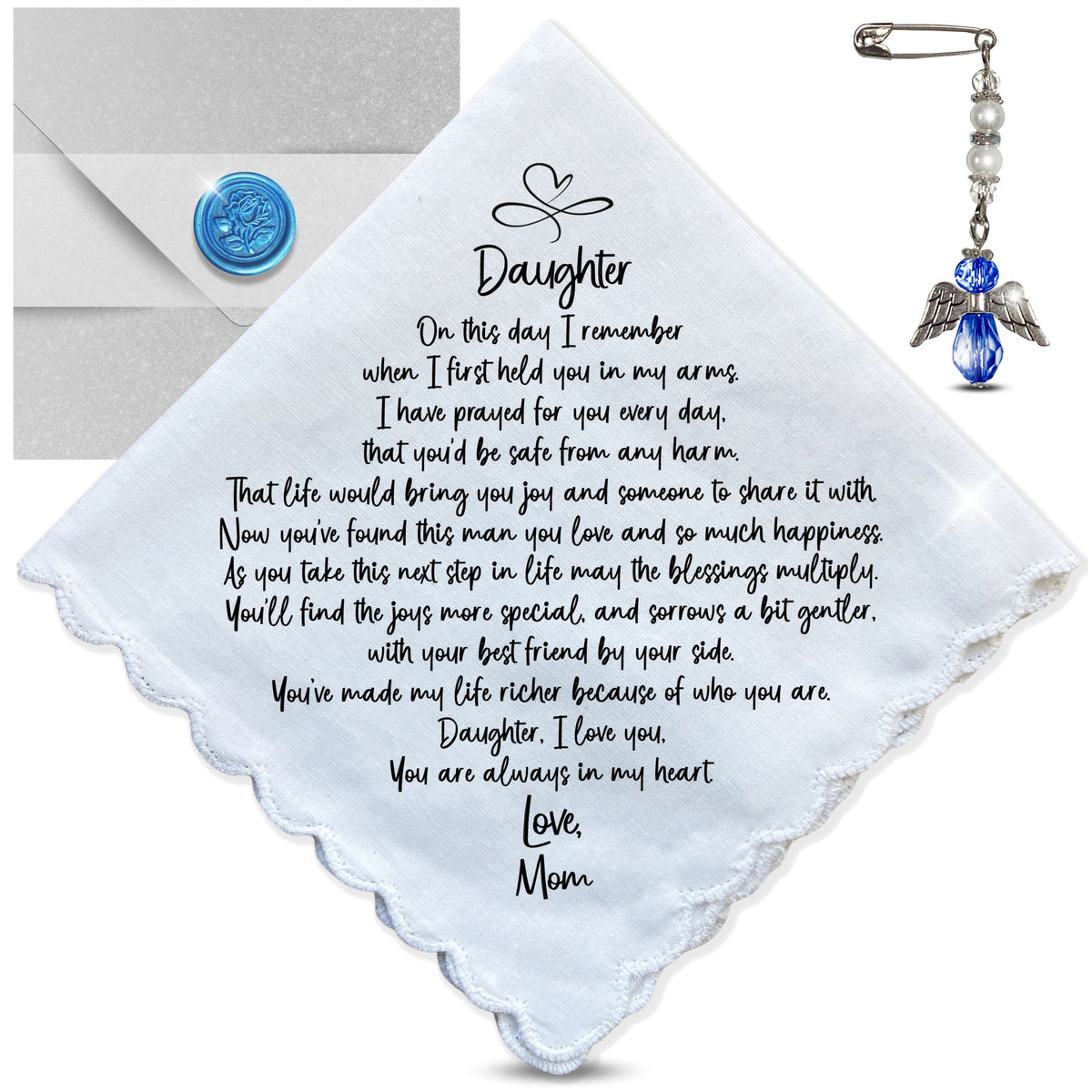 Wedding Handkerchief for Bride Gift for Daughter from Mom | Custom Poem on Scallop Hankie + Something Blue Angel | Keepsake Card & Envelope
