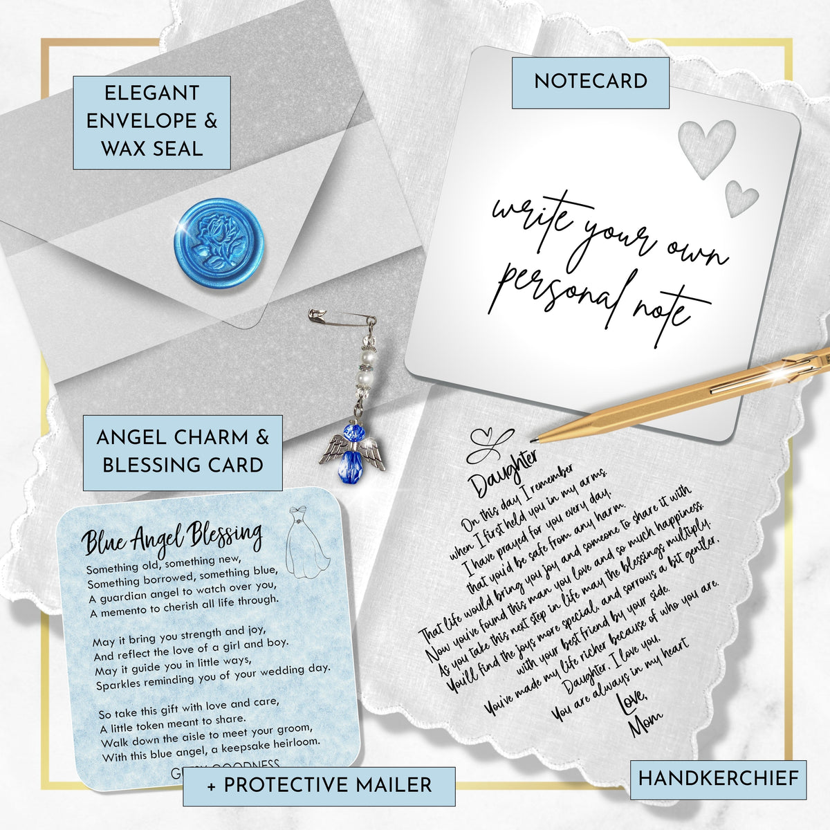 Wedding Handkerchief for Bride Gift for Daughter from Mom | Custom Poem on Scallop Hankie + Something Blue Angel | Keepsake Card & Envelope