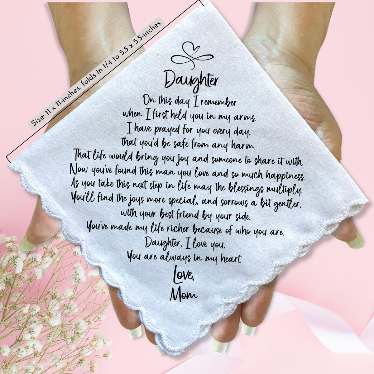 Wedding Handkerchief for Bride Gift for Daughter from Mom | Custom Poem on Scallop Hankie + Something Blue Angel | Keepsake Card & Envelope