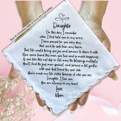Wedding Handkerchief for Bride Gift for Daughter from Mom | Custom Poem on Scallop Hankie + Something Blue Angel | Keepsake Card & Envelope
