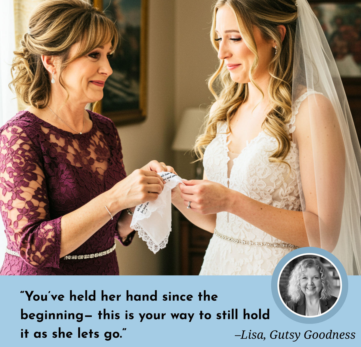 Wedding Handkerchief for Bride Gift for Daughter from Mom | Custom Poem on Scallop Hankie + Something Blue Angel | Keepsake Card & Envelope