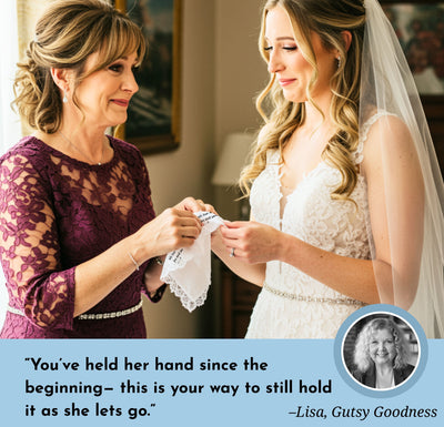 Wedding Handkerchief for Bride Gift for Daughter from Mom | Custom Poem on Scallop Hankie + Something Blue Angel | Keepsake Card & Envelope