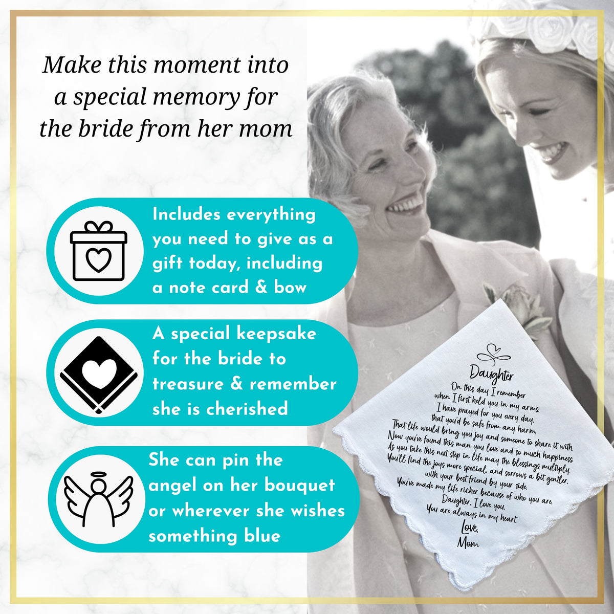 Wedding Handkerchief for Bride Gift for Daughter from Mom | Custom Poem on Scallop Hankie + Something Blue Angel | Keepsake Card & Envelope