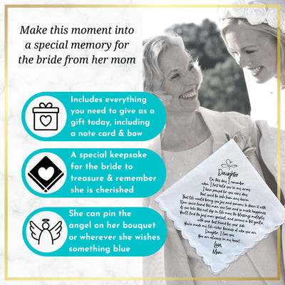 Wedding Handkerchief for Bride Gift for Daughter from Mom | Custom Poem on Scallop Hankie + Something Blue Angel | Keepsake Card & Envelope