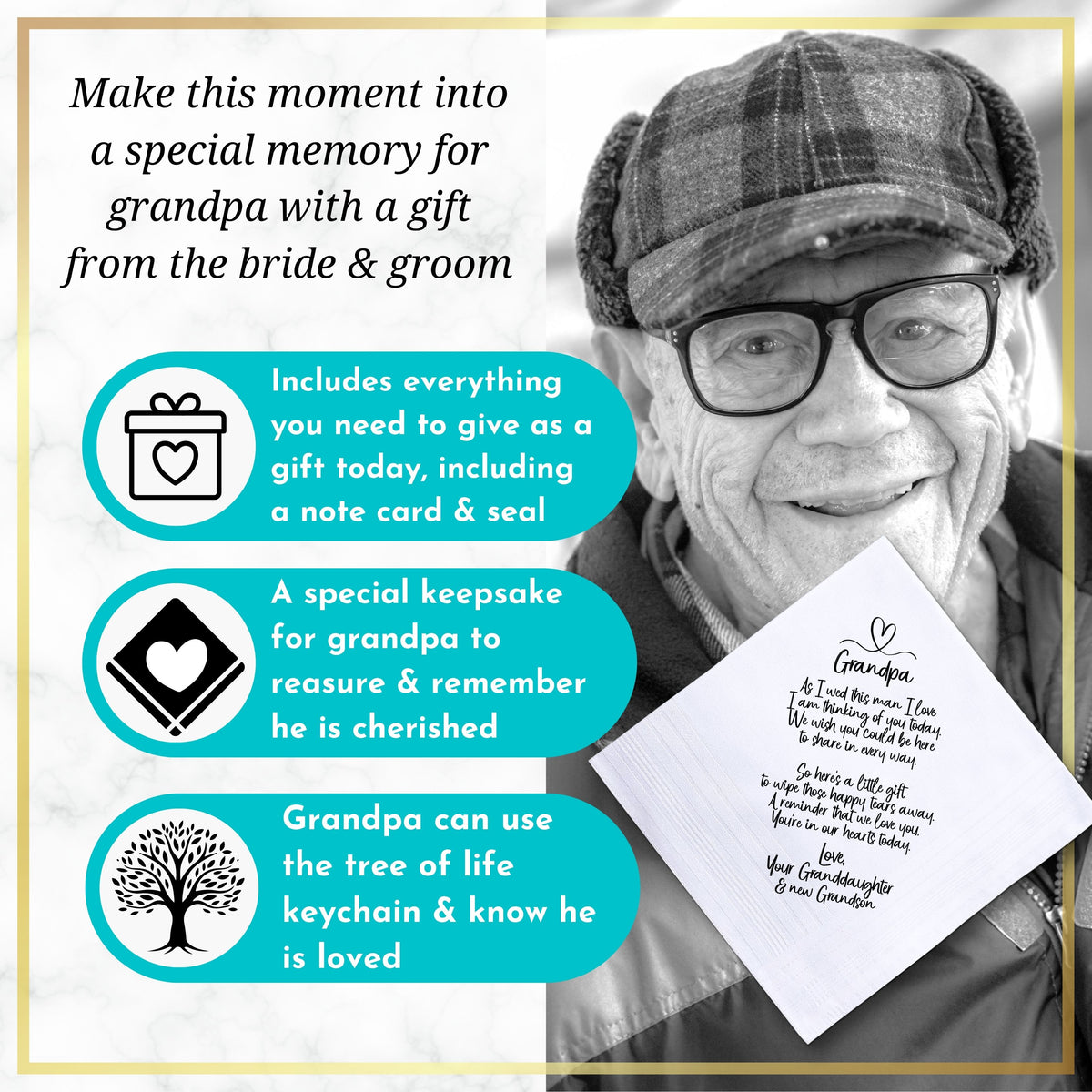 Grandfather of Bride Gift | Wedding Handkerchief from Granddaughter + Tree of Life Keychain | Keepsake for Grandpa Not Attending + Card