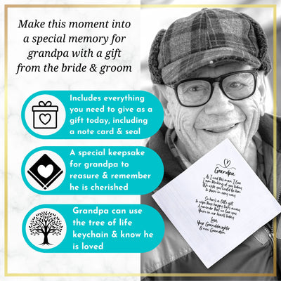 Grandfather of Bride Gift | Wedding Handkerchief from Granddaughter + Tree of Life Keychain | Keepsake for Grandpa Not Attending + Card
