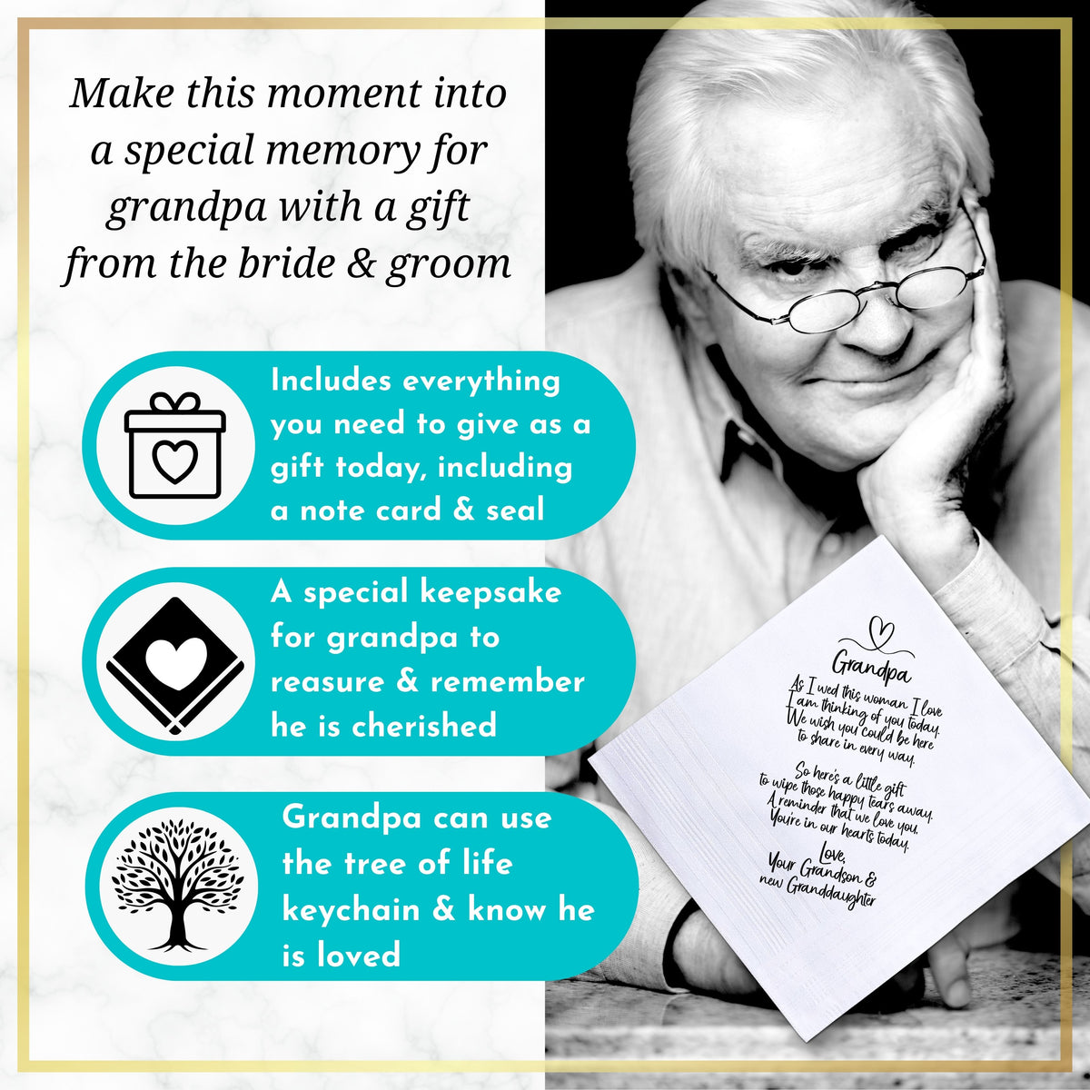 Grandfather of Bride Gift | Wedding Handkerchief from Granddaughter + Tree of Life Keychain | Keepsake for Grandpa Not Attending + Card
