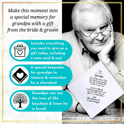 Grandfather of Bride Gift | Wedding Handkerchief from Granddaughter + Tree of Life Keychain | Keepsake for Grandpa Not Attending + Card