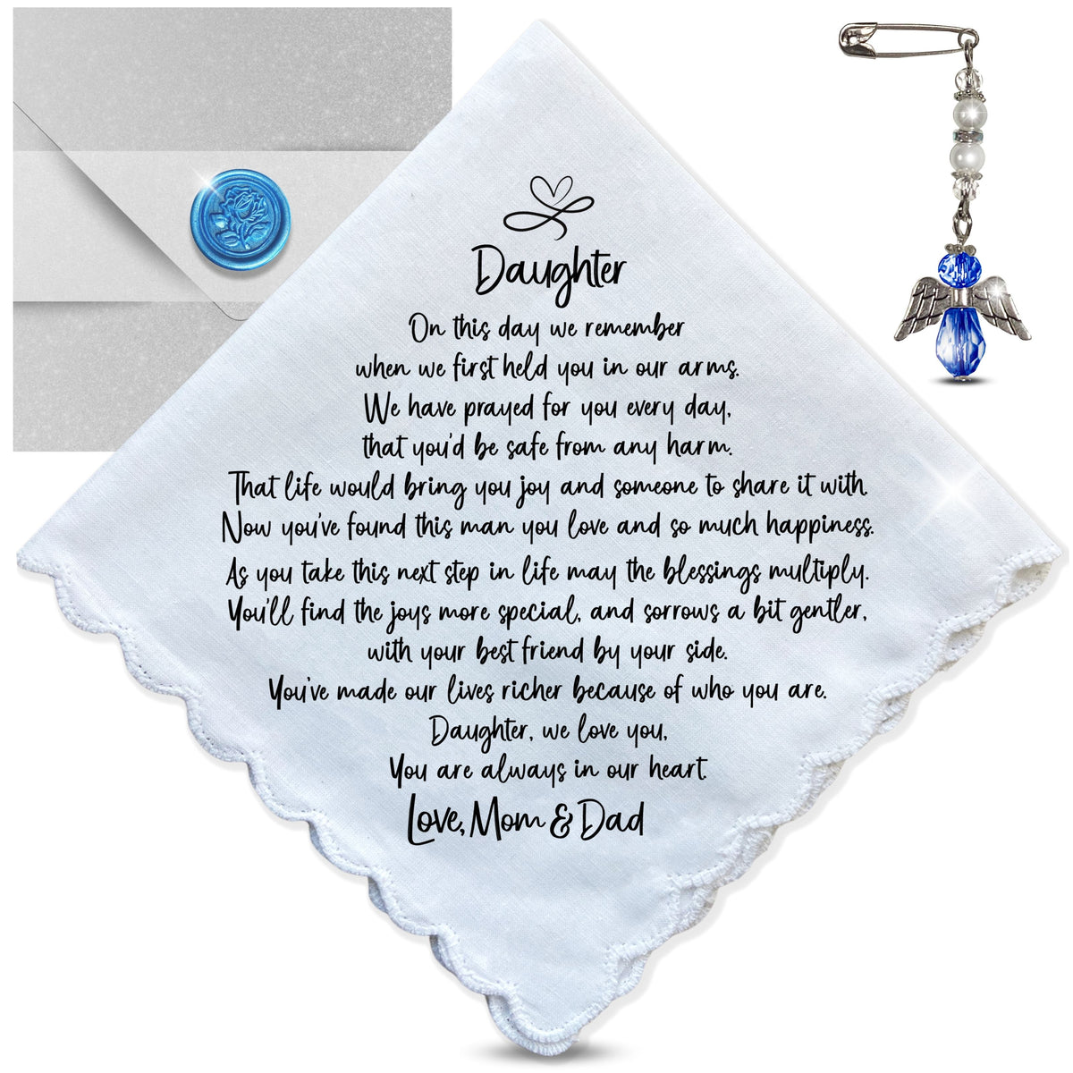 Wedding Gift for Granddaughter from Grandpa Handkerchief Poem | Scallop Hankie + Something Blue Angel for Bride |  Keepsake Card & Envelope
