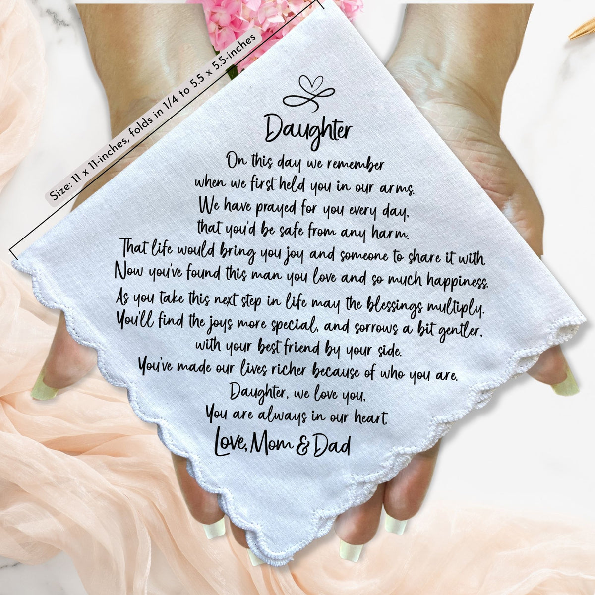 Daughter Wedding Gift from Parents | Handkerchief with Poem | Keepsake from Mom & Dad | Handmade Something Blue Angel