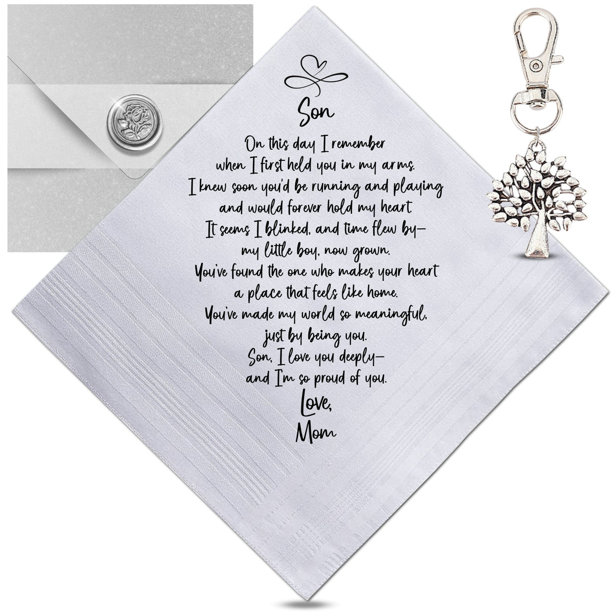 To My Son on His Wedding Day handkerchief gift from mom with love poem and keychain keepsake.