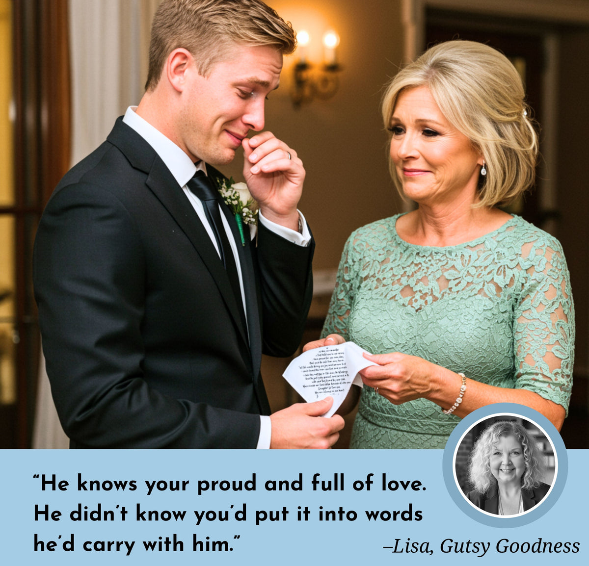 To my son on his wedding day keepsake handkerchief gift from mom, emotional moment between mother and son.