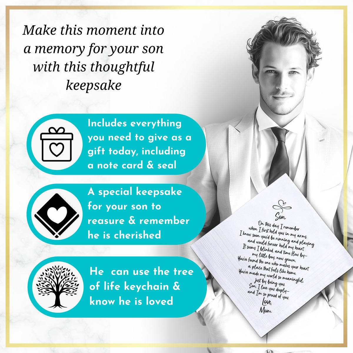 To My Son on His Wedding Day | Groom Handkerchief Gift from Mom | Keepsake Hankie + Sweet Love You Poem from Mother | Keychain and Envelope