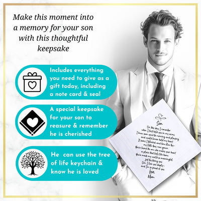 To My Son on His Wedding Day | Groom Handkerchief Gift from Mom | Keepsake Hankie + Sweet Love You Poem from Mother | Keychain and Envelope