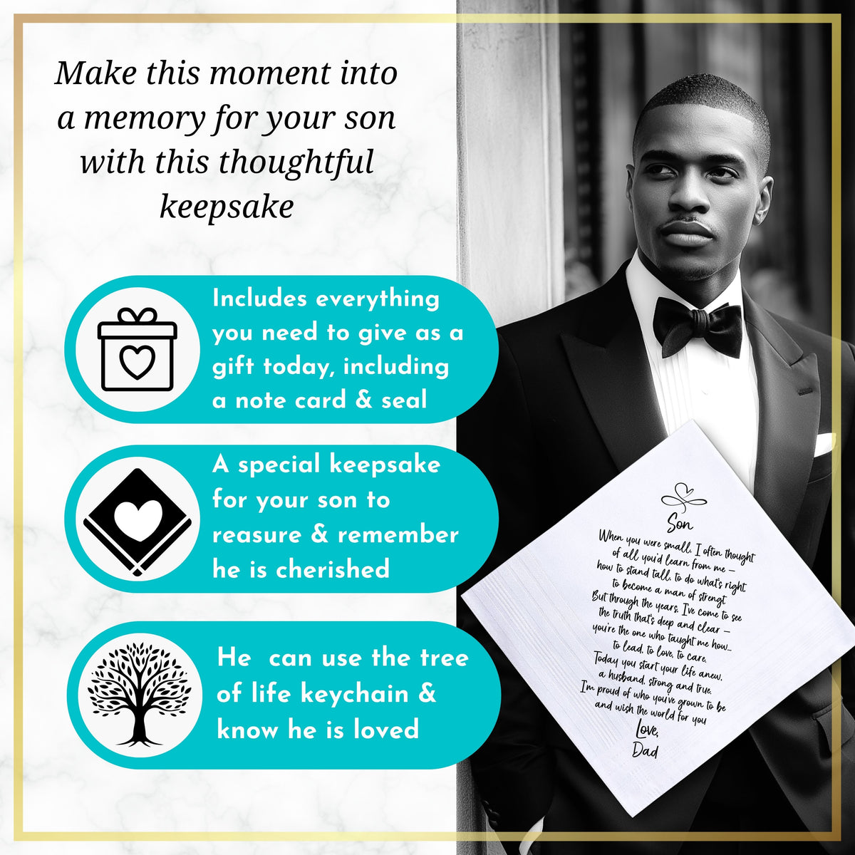 To My Son on His Wedding Day | Groom Handkerchief Gift from Dad | Keepsake Hankie + Proud of You Poem from Father | Keychain and Envelope