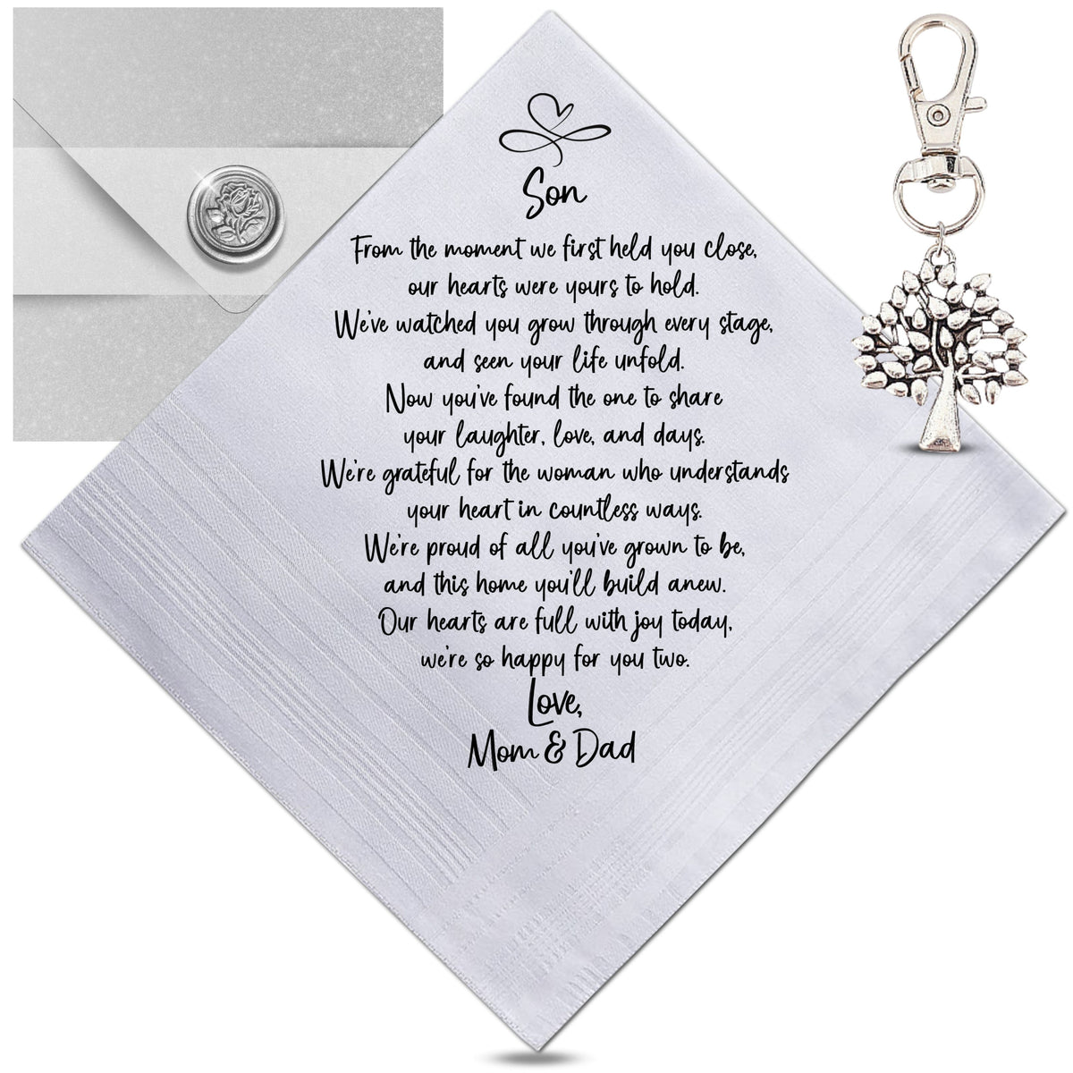Groom Handkerchief Gift from Mom and Dad | To Our Son on His Wedding Day | Keepsake Hankie + Poem Set, Card, Keychain, Wax-Sealed Envelope
