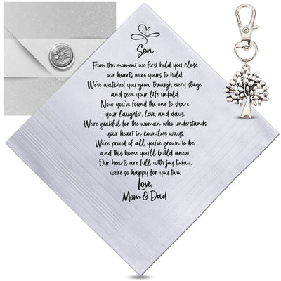 Groom Handkerchief Gift from Mom and Dad | To Our Son on His Wedding Day | Keepsake Hankie + Poem Set, Card, Keychain, Wax-Sealed Envelope