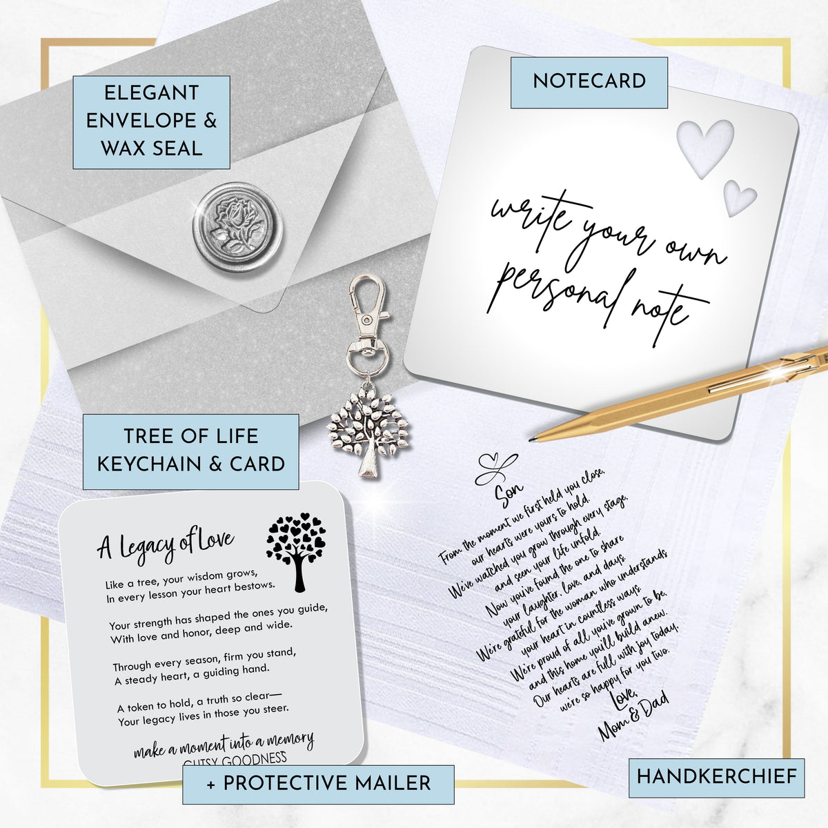 Groom Handkerchief Gift from Mom and Dad | To Our Son on His Wedding Day | Keepsake Hankie + Poem Set, Card, Keychain, Wax-Sealed Envelope