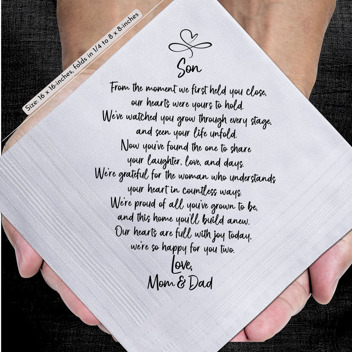 Groom Handkerchief Gift from Mom and Dad | To Our Son on His Wedding Day | Keepsake Hankie + Poem Set, Card, Keychain, Wax-Sealed Envelope