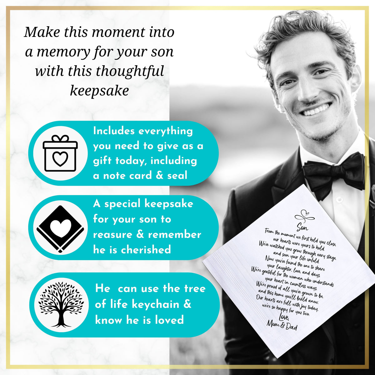 Groom Handkerchief Gift from Mom and Dad | To Our Son on His Wedding Day | Keepsake Hankie + Poem Set, Card, Keychain, Wax-Sealed Envelope