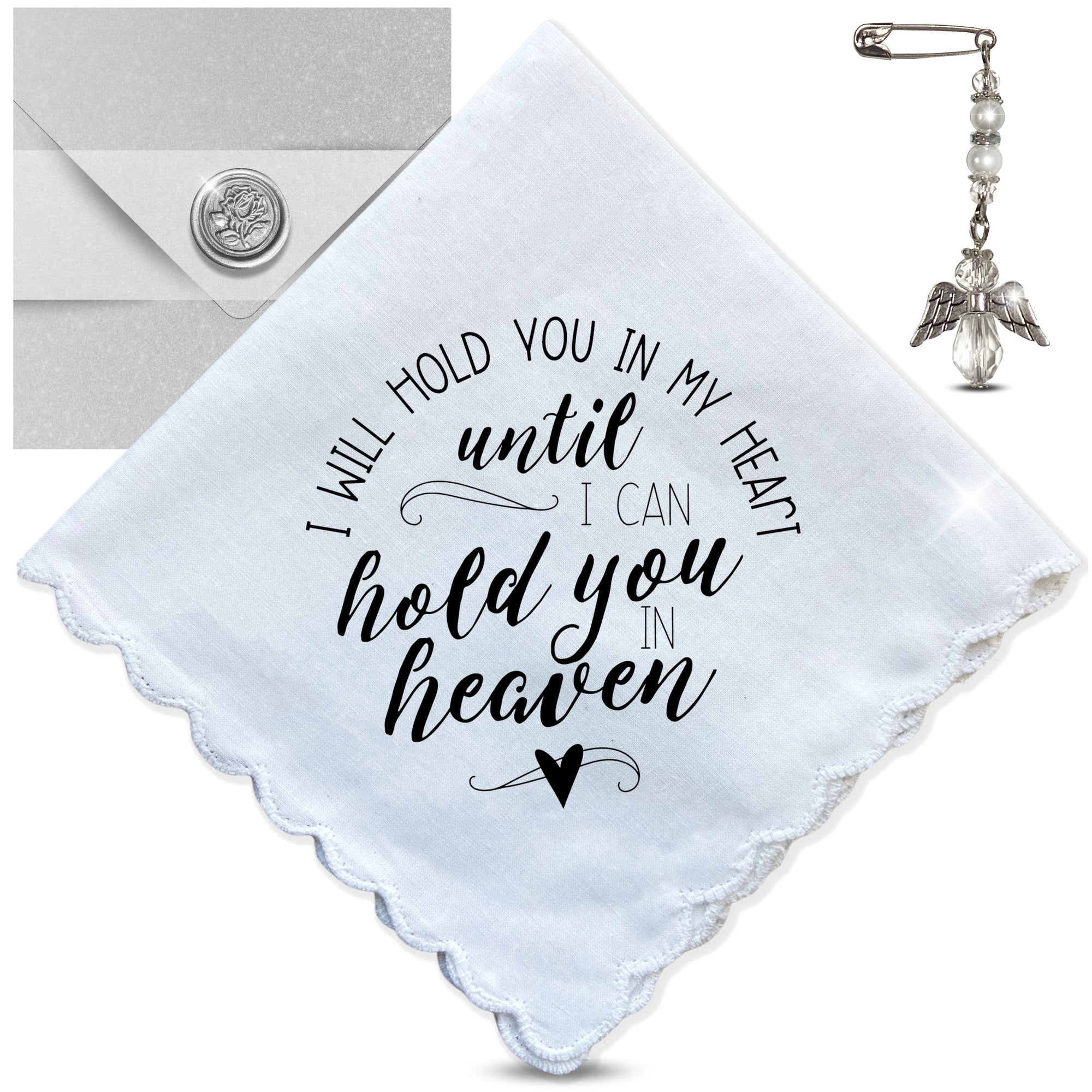 Sympathy Memorial Handkerchief Gift | Hold You in My Heart Poem | Keepsake Angel Charm, Greeting Card Words & Envelope for Loss of Loved One