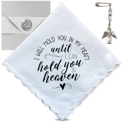 Sympathy Memorial Handkerchief Gift | Hold You in My Heart Poem | Keepsake Angel Charm, Greeting Card Words & Envelope for Loss of Loved One