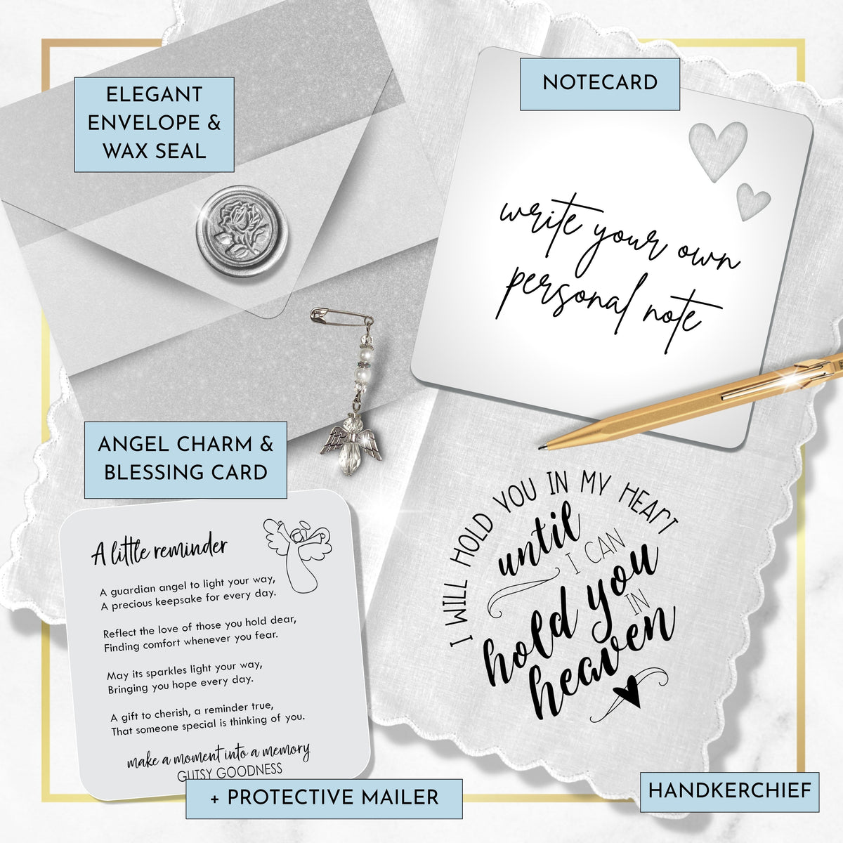 Sympathy Memorial Handkerchief Gift | Hold You in My Heart Poem | Keepsake Angel Charm, Greeting Card Words & Envelope for Loss of Loved One