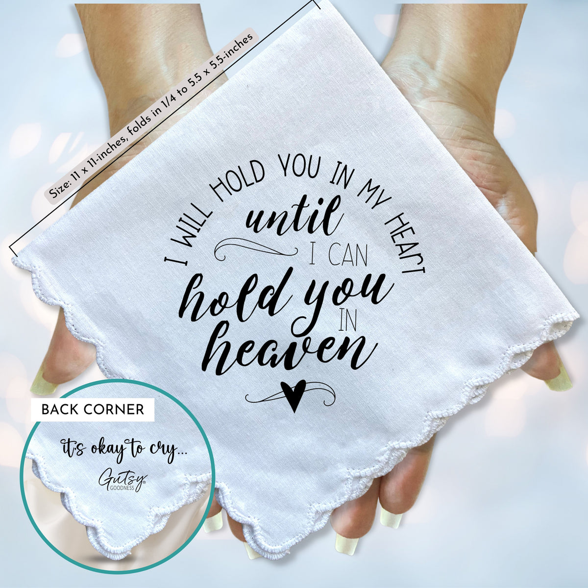 Sympathy Memorial Handkerchief Gift | Hold You in My Heart Poem | Keepsake Angel Charm, Greeting Card Words & Envelope for Loss of Loved One