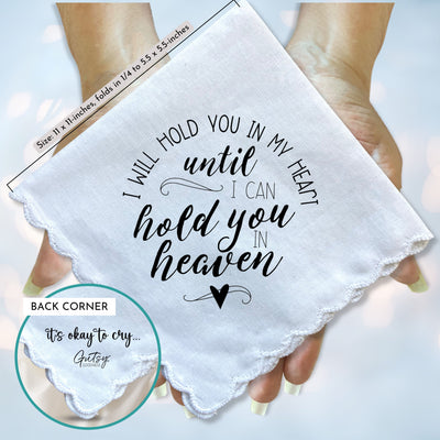 Sympathy Memorial Handkerchief Gift | Hold You in My Heart Poem | Keepsake Angel Charm, Greeting Card Words & Envelope for Loss of Loved One