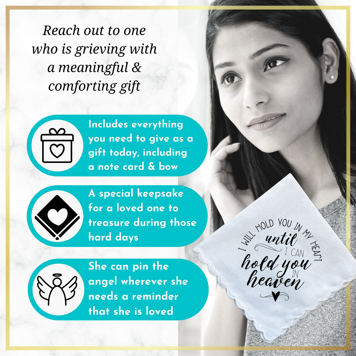 Sympathy Memorial Handkerchief Gift | Hold You in My Heart Poem | Keepsake Angel Charm, Greeting Card Words & Envelope for Loss of Loved One