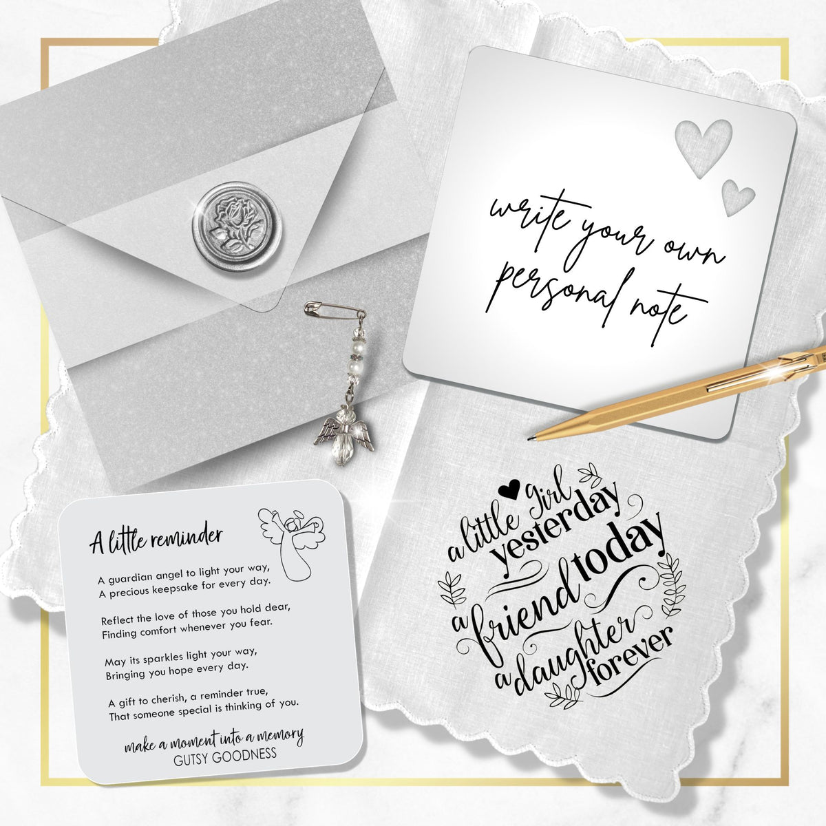 Gift for Daughter Handkerchief | A Little Girl Yesterday Poem | Wedding, Birthday or Graduation Keepsake Hanky + Card in Shimmer Envelope