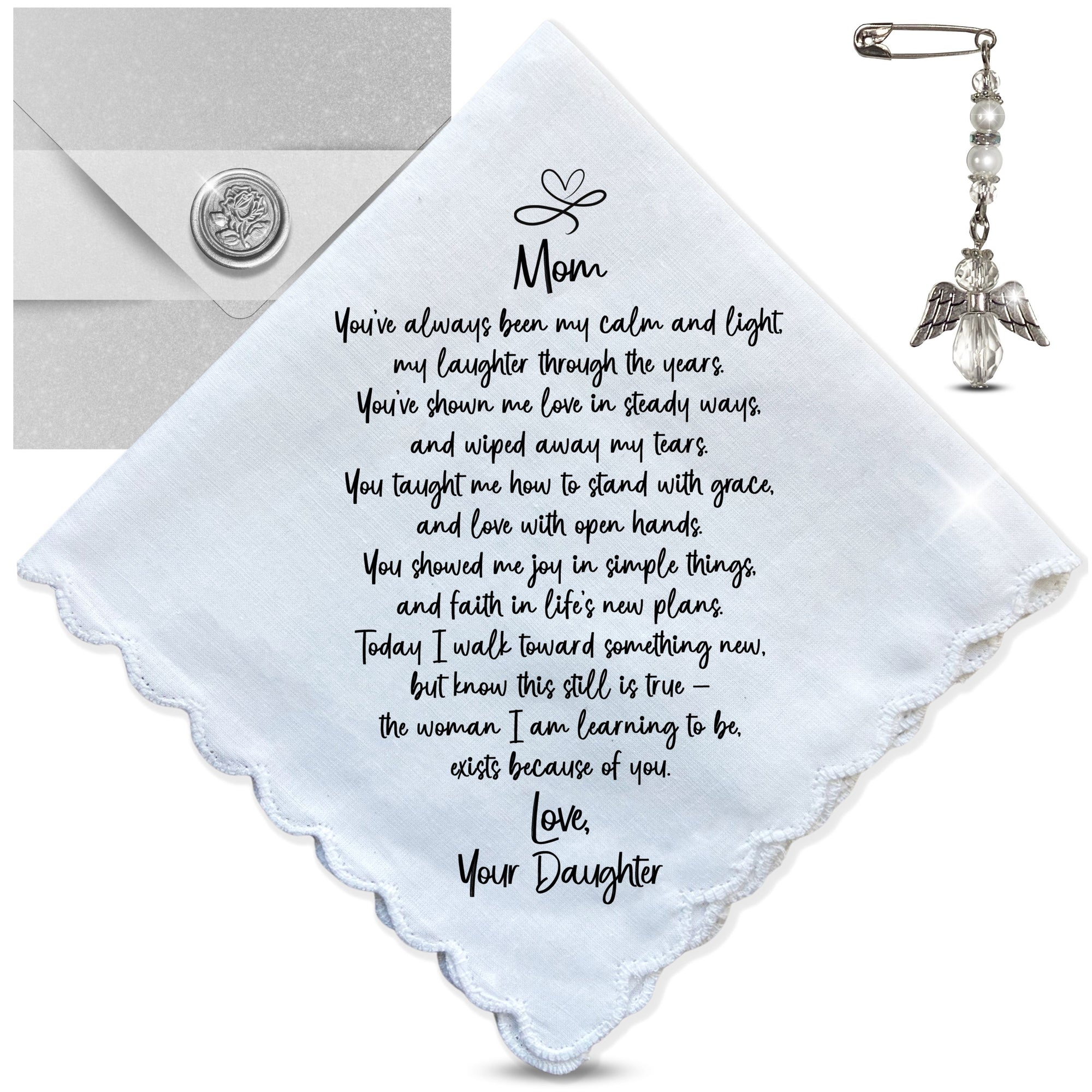 Wedding Handkerchief for Mom from Daughter with Poem & Angel Charm | Bridal Shower or Morning of Note | Mother of the Bride Gift Keepsake