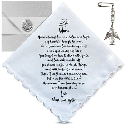 Wedding Handkerchief for Mom from Daughter with Poem & Angel Charm | Bridal Shower or Morning of Note | Mother of the Bride Gift Keepsake