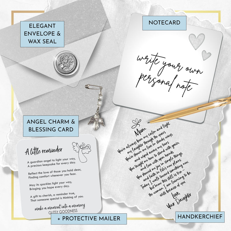 Wedding Handkerchief for Mom from Daughter with Poem & Angel Charm | Bridal Shower or Morning of Note | Mother of the Bride Gift Keepsake