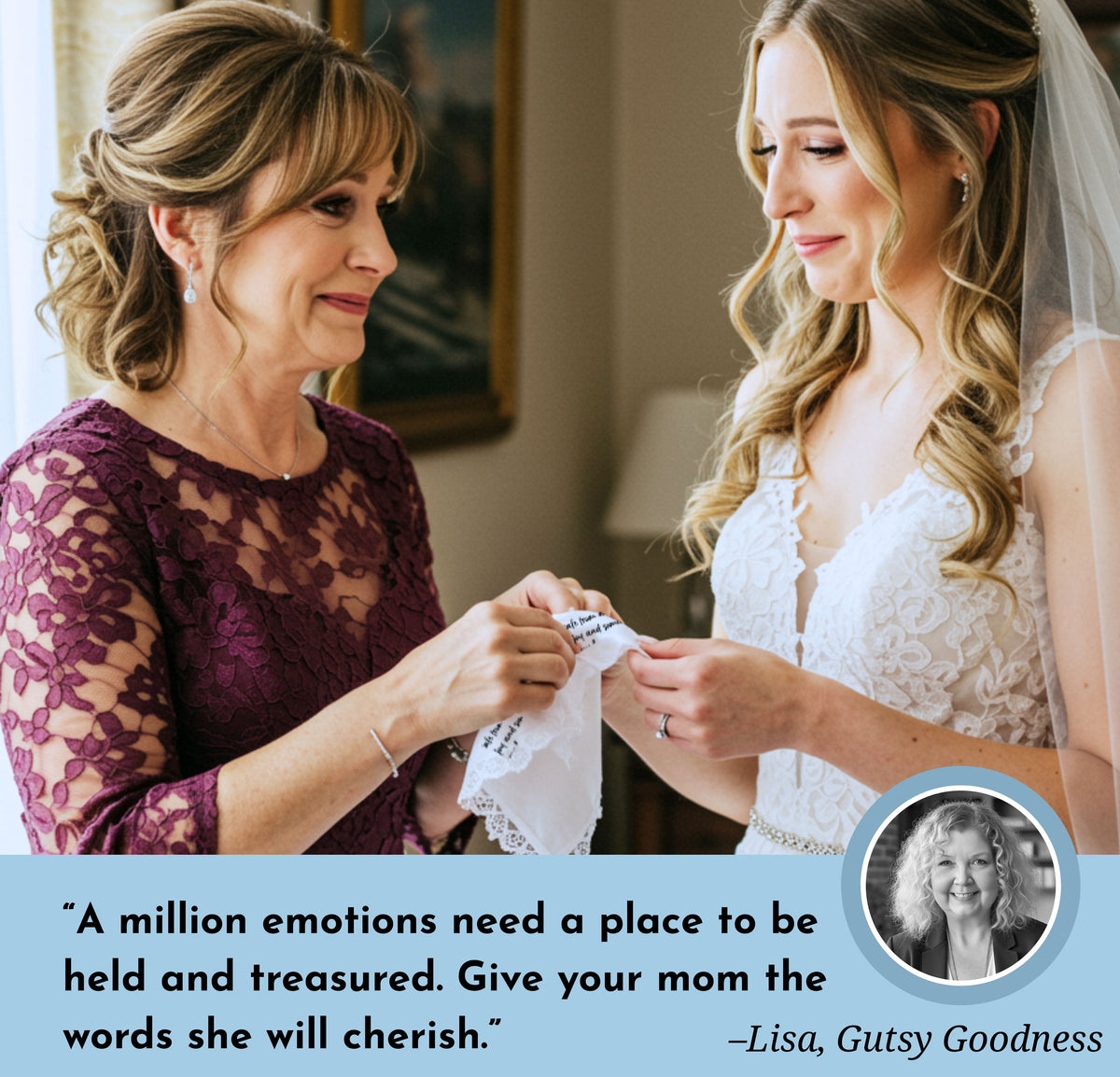 Wedding Handkerchief for Mom from Daughter with Poem & Angel Charm | Bridal Shower or Morning of Note | Mother of the Bride Gift Keepsake