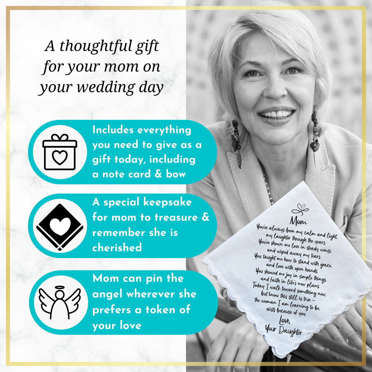 Wedding Handkerchief for Mom from Daughter with Poem & Angel Charm | Bridal Shower or Morning of Note | Mother of the Bride Gift Keepsake