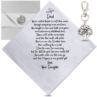 Father of the Bride Handkerchief | Wedding Gift from Daughter | Elegant Cotton Hankie with Sentiment Card & Tree of Life Keychain, Envelope