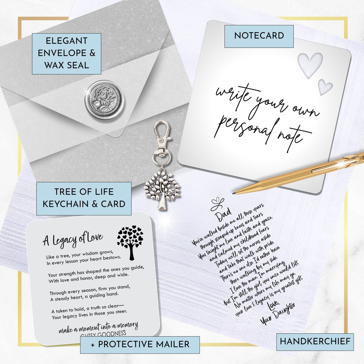 Father of the Bride Handkerchief | Wedding Gift from Daughter | Elegant Cotton Hankie with Sentiment Card & Tree of Life Keychain, Envelope