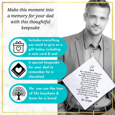 Father of the Bride Handkerchief | Wedding Gift from Daughter | Elegant Cotton Hankie with Sentiment Card & Tree of Life Keychain, Envelope