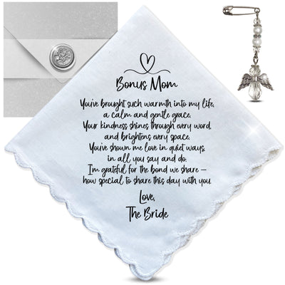 Bonus Mom or Step Mother of the Bride Handkerchief from Daughter Wedding Gift with Angel Charm Card & Wax-Sealed Envelope