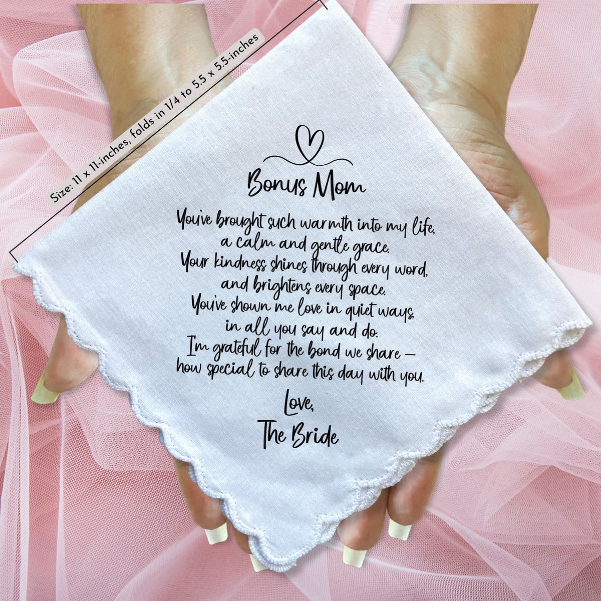 Bonus Mom or Step Mother of the Bride Handkerchief from Daughter Wedding Gift with Angel Charm Card & Wax-Sealed Envelope