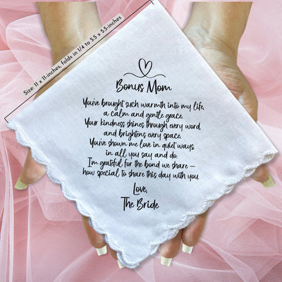 Bonus Mom or Step Mother of the Bride Handkerchief from Daughter Wedding Gift with Angel Charm Card & Wax-Sealed Envelope
