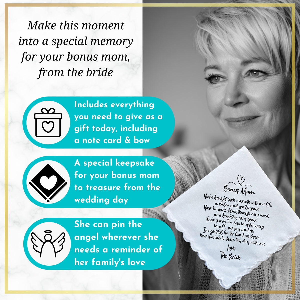 Bonus Mom or Step Mother of the Bride Handkerchief from Daughter Wedding Gift with Angel Charm Card & Wax-Sealed Envelope